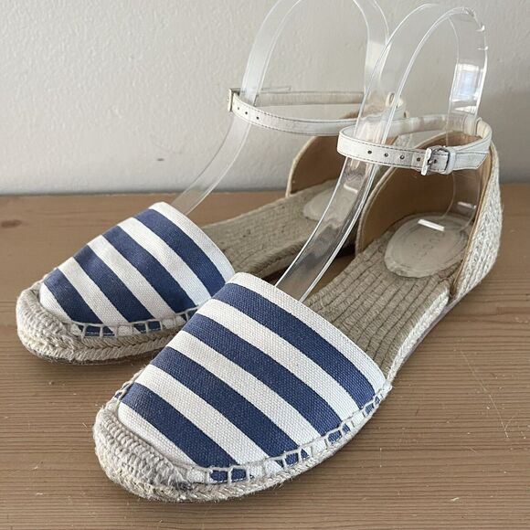 Gucci Espadrilles Flats Size 37 Canvas Striped Tan Blue Ankle Strap Shoes Dorsay - Picture 2 of 16